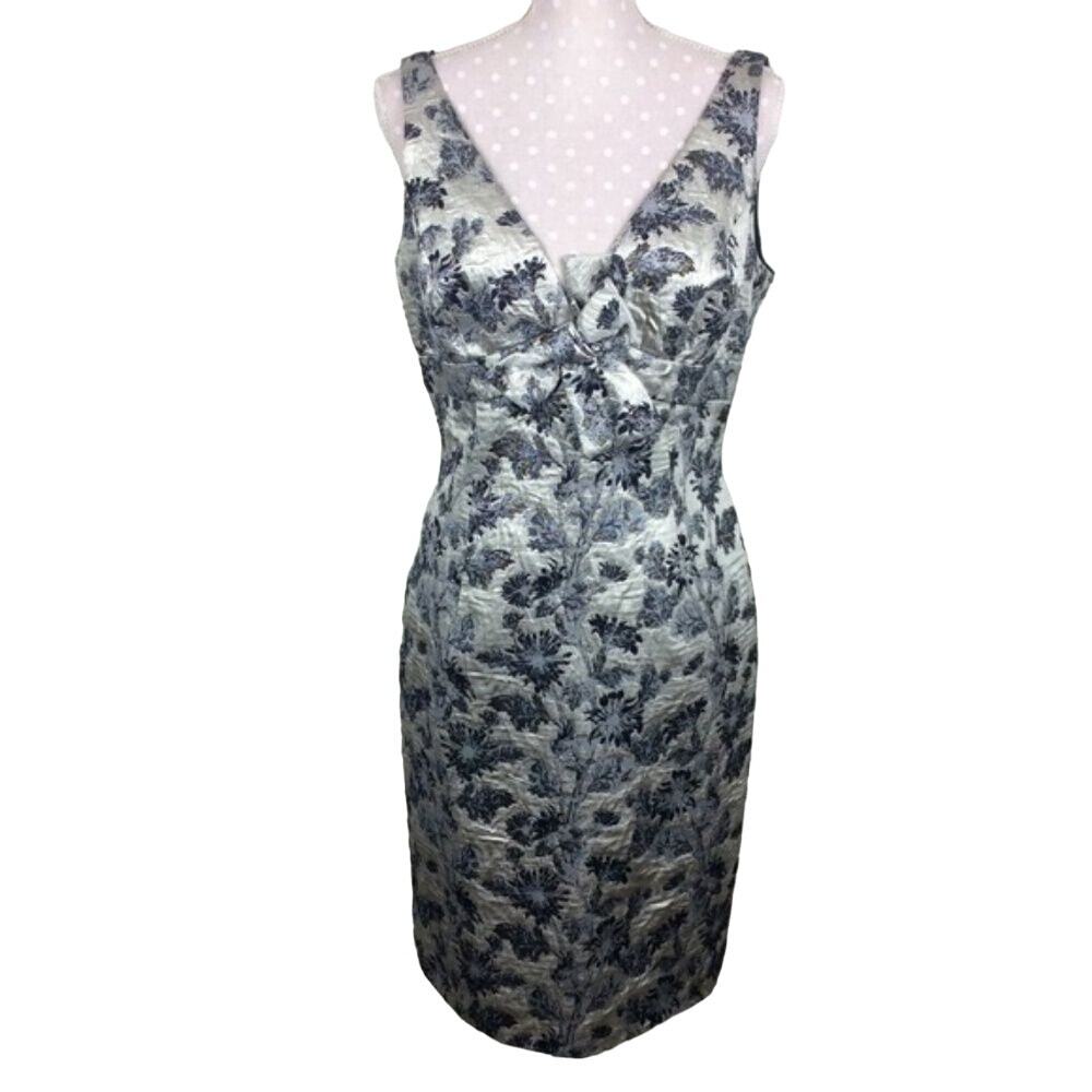 Carmen Marc Valvo Collection Cocktail Dress Sz 10 Silver Blue Floral‎ Jacquard